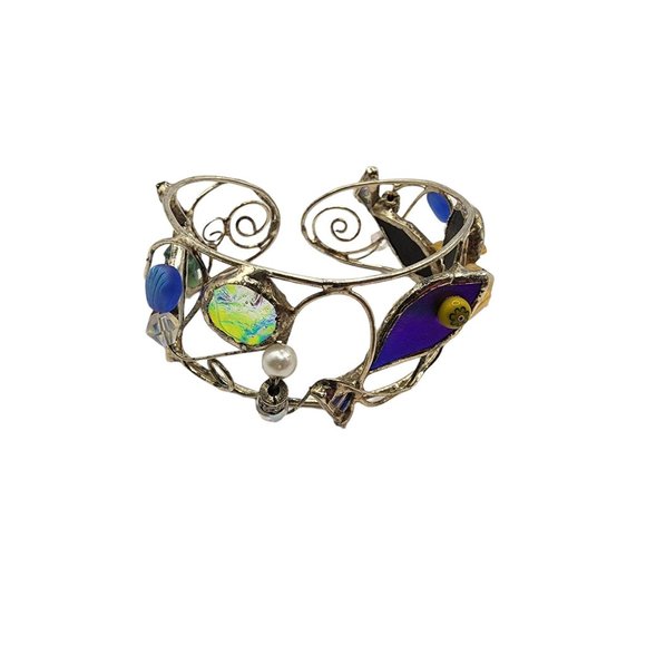 Vintage Dichroic Glass Artisan Hand Wired Cuff Bracelet (A676-A)